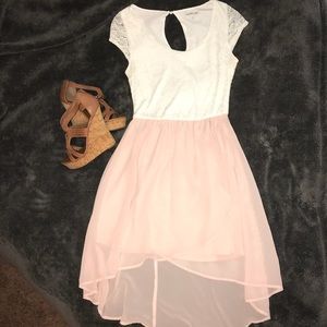 White lace top and dusty pink high-low dress